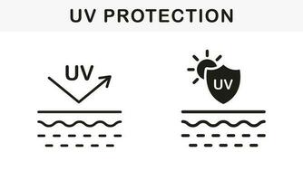 proteccion piel desde uv rayos línea y silueta icono colocar. piel cuidado, spf crema para piel. reflejar Dom ultravioleta rayos pictograma. bloquear solar ligero símbolo recopilación. aislado vector ilustración.