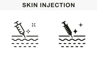 Skin Injection Line and Silhouette Icon Set. Medical, Dermatology Treatment Vaccine, Filler, Hyaluronic Acid Symbol Collection. Syringe and Structure of Skin Pictogram. Isolated Vector Illustration.