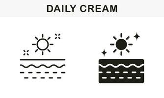 Daily Skincare.Sunscreen, Sun Block Cream Symbol Collection. Day Cream Line and Silhouette Black Icon Set. Daily Cream, Foam, Gel, Mousse, Soap Pictogram. Isolated Vector Illustration.