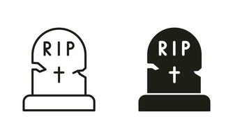 Tombstone on Grave with RIP Text Line and Silhouette Black Icon Set. Grave for Halloween Party Decorating Pictogram. Headstone, Rest in Peace Symbol Collection. Isolated Vector Illustration.