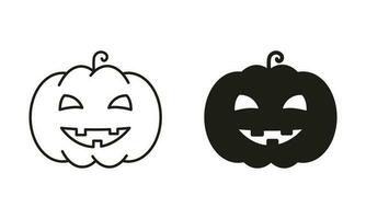 Halloween Pumpkin Line and Silhouette Black Icon Set. Scary Jack Lantern for Celebration of 31 October Pictogram. Pumpkin Face, Halloween Decoration Symbol Collection. Isolated Vector Illustration.