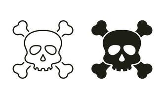 Skull with Crossbones for Celebration Halloween Line and Silhouette Black Icon Set. Skeleton Face with Cross Bones Pictogram. Danger, Poison, Toxic Symbol Collection. Isolated Vector Illustration.