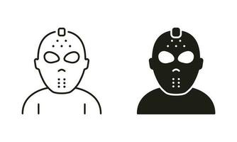 Scary Jason Mask for Halloween Party Line and Silhouette Black Icon Set. Dark Hockey Helmet for Goalie Safety Pictogram. Jason Mask Symbol of 13th Friday Collection. Isolated Vector Illustration.