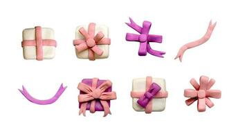 Set various gift boxes and ribbons and bows from plasticine. Pink and lilac plasticine clay 3D illustration isolated on white background, cute dough shape photo