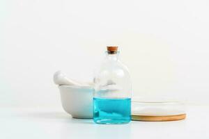 some test tube on the white table with beakers, flasks, and test tubes filled with colorful liquids photo