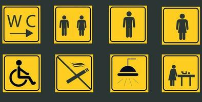 Toilet line icon set on yellow backgrounds. WC sign. Man, woman, mother with baby and handicap symbol. Restroom for male, female, transgender, disabled. Vector graphics