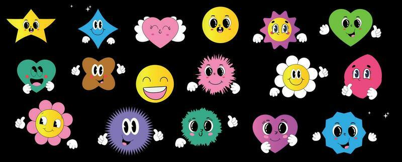 Sticker pack of funny cartoon characters. Vector illustration of comic heart, sun, planet, berry, abstract faces etc. Big set of comic elements in trendy retro cartoon style