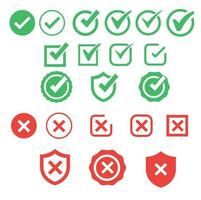 garrapata y cruzar cepillo señales. verde marca de verificación Okay y rojo X iconos, aislado en blanco antecedentes. sencillo marcas gráfico diseño. símbolos si y No botón para votar, decisión, web vector