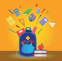 Card Back to School. Backpack, pen, pencil, ruler, brush, marker, alarm clock, notebook, book, apple. Vector illustration.