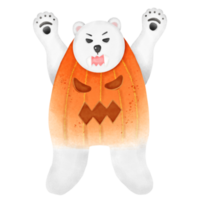 A cute watercolor polar bear dressed as a pumpkin for Halloween png