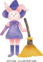 A cute watercolor bunny dressed as a witch for Halloween with a broom and a pumpkin vector