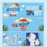 Umbrella and shopping bags for monsoon season sale Banner landing page web header template design vector