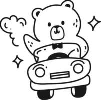 Cute teddy bear driving a car. Vector illustration in doodle style.