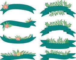 set of green banners. Set of vector ribbons with flowers and leaves. Vector illustration.