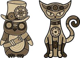 Owls in a hat and glasses with gears. Vector illustration.