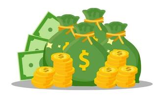 Money bag flat illustration. Dollars and gold coins stack. Wealth and banking icon, finance. Isolated on white vector