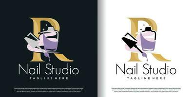 initial letter R logo design template with nail polish icon and creative concept premium vector