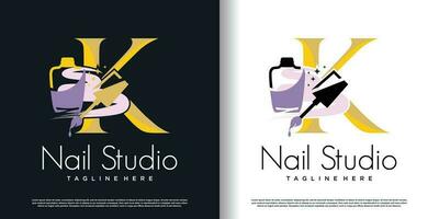 initial letter K logo design template with nail polish icon and creative concept premium vector