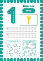 Kida activity pages. Learn numbers. Preschool worksheets. Number one vector