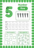 Kida activity pages. Learn numbers. Preschool worksheets. Number five vector