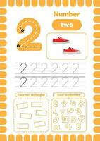 Kida activity pages. Learn numbers. Preschool worksheets. Number two vector