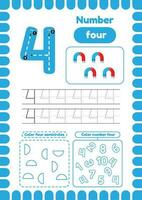 Kida activity pages. Learn numbers. Preschool worksheets. Number four vector