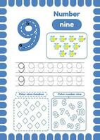 Kida activity pages. Learn numbers. Preschool worksheets. Number nine vector