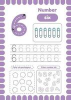 Kida activity pages. Learn numbers. Preschool worksheets. Number six vector