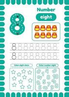 Kida activity pages. Learn numbers. Preschool worksheets. Number eight vector