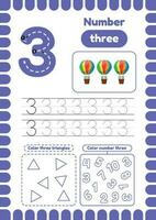 Kida activity pages. Learn numbers. Preschool worksheets. Number three vector