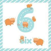 Learn numbers. Flashcards for kids education. Trace Number six vector