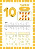 Kida activity pages. Learn numbers. Preschool worksheets. Number ten vector