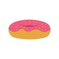 Illustration of a donut with pink jam and colorful sprinkles. Food clip art. Suitable for culinary content and infographic. vector