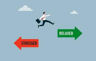 Stressed vs relaxed concept, businessman jump off from red arrow to the green arrow direction, stress management and emotion relief vector