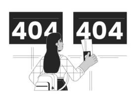 Airport departure cancelled flights black white error 404 flash message. Travel accident. Monochrome empty state ui design. Page not found popup cartoon image. Vector flat outline illustration concept