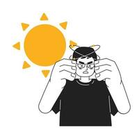 Heat stroke symptom monochrome concept vector spot illustration. Man struggling with heat exhaustion 2D flat bw cartoon character for web UI design. Overheated isolated editable hand drawn hero image