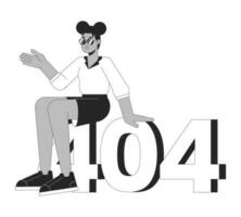 African american young girl sitting on black white error 404 flash message. Sunglasses cool girl. Monochrome empty state ui design. Page not found popup cartoon image. Vector flat outline illustration