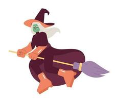 Evil witch on broom semi flat color vector character. Editable full body enchantress with long silver hair and green skin on white. Simple cartoon spot illustration for web graphic design