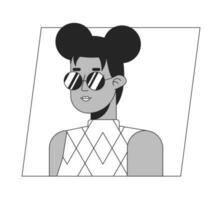 Stylish girl in sunglasses black white cartoon avatar icon. Buns hairstyle. Editable 2D character user portrait, linear flat illustration. Vector face profile. Outline person head and shoulders