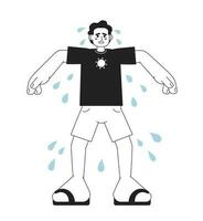 Sweating outdoors in summertime monochrome concept vector spot illustration. Sad man with sweaty armpits 2D flat bw cartoon character for web UI design. Heat isolated editable hand drawn hero image