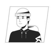 Teenager in hat and hoodie black white cartoon avatar icon. Editable 2D character user portrait, linear flat illustration. Vector face profile. Outline person head and shoulders