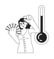 Hot day with high temperature monochrome concept vector spot illustration. Woman waving hand fan 2D flat bw cartoon character for web UI design. Heatwave isolated editable hand drawn hero image