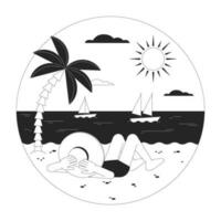 Vacation beach bw vector spot round illustration. Lying sunbathing girl looking at ocean 2D cartoon flat line monochromatic character for web UI design. Editable isolated outline hero image