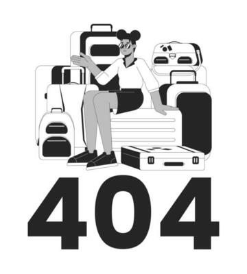 Suitcase pile sunglasses cool girl black white error 404 flash message. Woman on luggage bags. Monochrome empty state ui design. Page not found popup cartoon image. Vector flat outline illustration