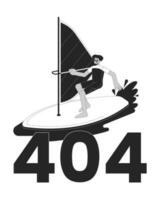 Extreme windsurfing sport black white error 404 flash message. Swimwear latin man surfing with sail. Mono empty state ui design. Page not found popup cartoon image. Vector flat outline illustration