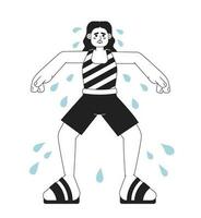 Excessive sweating in summer monochrome concept vector spot illustration. Overheated woman with sweaty underarms 2D flat bw cartoon character for web UI design. Isolated editable hand drawn hero image