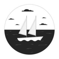 Sailboat on water bw vector spot illustration. Yacht ocean. Sea boating 2D cartoon flat line monochromatic circle seascape for web UI design. Yachting sport editable isolated outline hero image