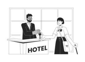 hotel frente escritorio cheque en bw vector Mancha ilustración. conserje dando llave a hembra hotel invitado 2d dibujos animados plano línea monocromo caracteres para web ui diseño. editable aislado contorno héroe imagen