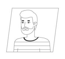 joven caucásico oscuro peludo hombre negro blanco dibujos animados avatar icono. editable 2d personaje usuario retrato, lineal plano ilustración. vector cara perfil. contorno persona cabeza y espalda