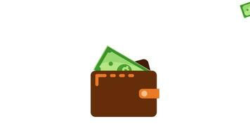 4k geanimeerd bruin portemonnee met groen papier geld. portemonnee met geld dollar bank Notitie vlak ontwerp 2d animatie video beeldmateriaal